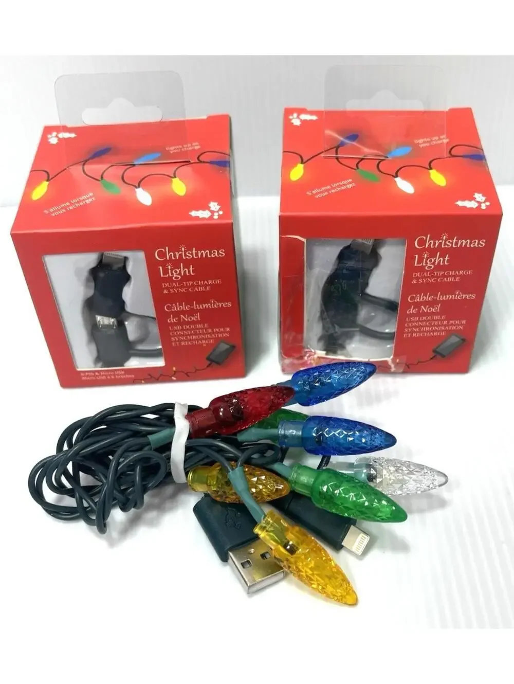 Dual-Tip Charge Sync Cable Christmas Lights Glow 3 Sets USB Phone Charger NEW